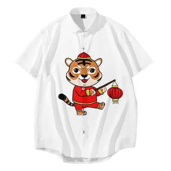 2022 vyriški trumpomis Rankovėmis Havajų Turn-žemyn apykaklės Marškinėliai Atsitiktinis White Tiger Spausdinimo formos dugną Marškinėliai Vasaros Laisvus Drabužius