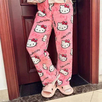 2023 Sanrio Hello Kitty Pižama Helovinas Flanelė Mados Trouserswomen Kawaii Vilnonių Anime Ir Animacinių Filmų Laisvalaikio Namuose Kelnes Rudenį
