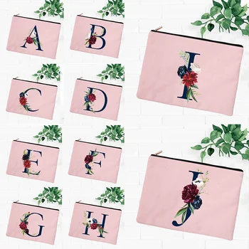 26 Inicialai, Pink Gėlių Kosmetikos Krepšys Laišką Makiažas Krepšiai Moterims Kelionės Bridesmaid Dovana Ponios Nešiojamų Kosmetikos Atveju Beauty Bag