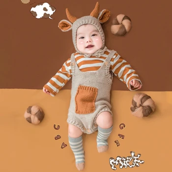 2vnt Kūdikių Megzti Karvės Ausis Skrybėlę Romper Nustatyti Naujagimio Fotografijos Rekvizitai Jumpsuit