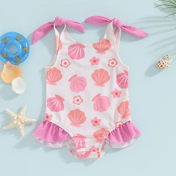6M-4T Kūdikiams Kūdikiams, Mergaitėms Rožinės spalvos maudymosi kostiumėlį, Rankovių Gėlių Shell Gėlių Spausdinti Pakraštyje Krašto maudymosi kostiumėlis Vasaros Mados Paplūdimio Drabužiai