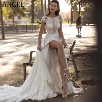 ANGEL Classic Šifono-Line Vestuvių Suknelė Moterims Bžūp Rankovėmis Gėlių Raštas, Cut-Out Nuotakos Suknelė Aukštos Ritininės Vestido De Novia