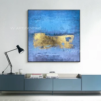 Abstrakčios Drobės rankų darbo aukso folija kraštovaizdžio paprasta, gryna mėlyna drobės paveikslų Naftos Tapyba Ant Drobės Paprasta Šiuolaikiška Apdaila