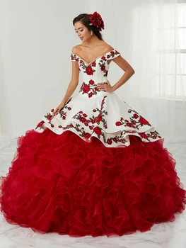 Bordo Quinceanera Suknelės Kamuolys Suknelė Nuo Peties Organza Appliques Meksikos Saldus 16 Suknelės 15 Anos