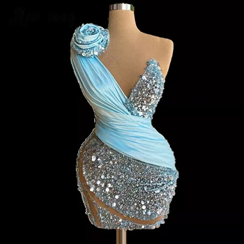 Dangus Mėlynas Kokteilių Suknelės Apvalkalas, V-kaklo, Trumpas Mini Blizgančiais Homecoming Haute Couture Suknelės