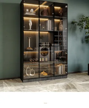 Didelis vyno spinta su stiklo durimis, šviesos prabanga ekranas kabinete nuo sienos, medžio masyvo švediškas stalas, integruota kambarį