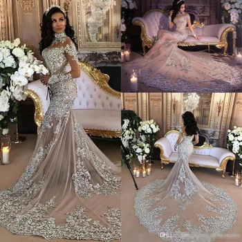 Dubajus Arabų Prabangių Blizgančių 2023 Vestuvių Suknelės, Seksualus Bling Puošnios Nėrinių Aplikacijos Teismas Traukinio Iliuzija Ilgomis Rankovėmis Undinė