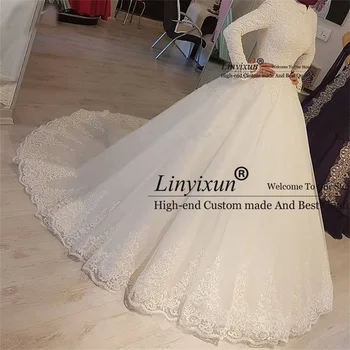 Elegantiška Baltos Spalvos Arabų Musulmonų Vestuvių Suknelės Princesė Aukšto Kaklo, Ilgomis Rankovėmis Nuotakos Suknelės Nėriniai Appliques Chalatas De Mariage