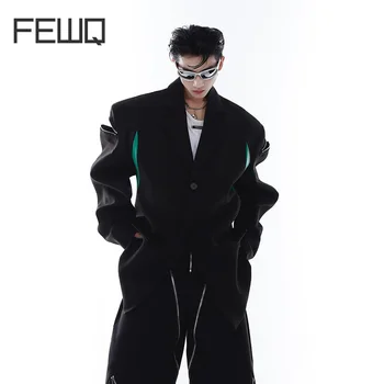 FEWQ High Street Iche Dizaino Užtrauktukas Vyrų Pečių Trinkelėmis Elegantiškas Kostiumas Kailis Spliced Laisvi Švarkai Premium Menwear Striukės 9C1438