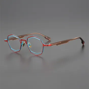 Gryno titano daugiakampio akinių rėmeliai moterų mados dvipusio spalvoto metalo optiniai akinių rėmeliai trumparegystė recepto akiniai