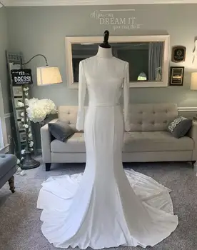 Ilgomis Rankovėmis Kuklus undinė Vestuvių Suknelės, Suknelės 2023 Aukšto Kaklo Sagos, Diržų Ruožas Krepo Paprasta Elegantiška Moteris Wed Suknelė