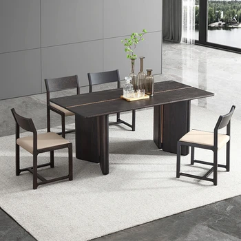 Itin paprastas ilgas pietų stalas, postmodernaus paprastas, stačiakampio formos pietų stalas, šviesos prabangių medžio masyvo valgomojo stalas ir kėdės