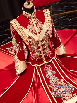 Išskirtinį Zawalcowany Kutas Siuvinėjimo Oficialų Veliūras Kinijos Vestuvių Suknelė Santuokos Kostiumas Rytų Nuotaka Jaunikis Drabužiai