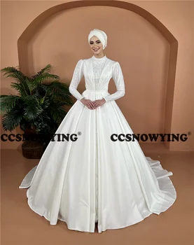 Kamuolys Suknelė Satino Zawalcowany ilgomis Rankovėmis Musulmonų Vestuvių Suknelė Nuotakos Islamo Hijab Vestuvinės Suknelės Moterims arabų Chalatas De Mariée