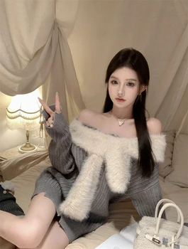 Korėjos stiliaus mados seksualus tingus stiliaus megztinis rudenį, žiemą retro minkšto vaško pliušinis laisvas megztinis kailio apykaklė megzti viršų freshing