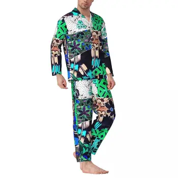 Kratinys Spausdinti Sleepwear Pavasario Derliaus Gėlių Estetinės Negabaritinių Pajama Rinkinys Vyrams Ilgomis Rankovėmis Šiltą Naktį Priskirtą Kostiumas