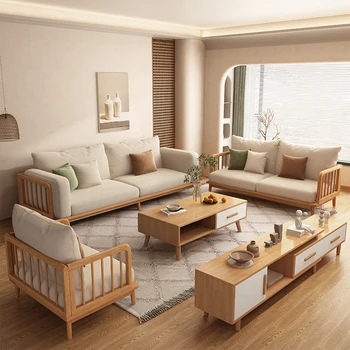 Kremas stiliaus medžio masyvo audinio sofos šiuolaikinės paprastas trijų vietų mažus kambarį Šiaurės Japonų stiliaus žurnalo stiliaus sofa