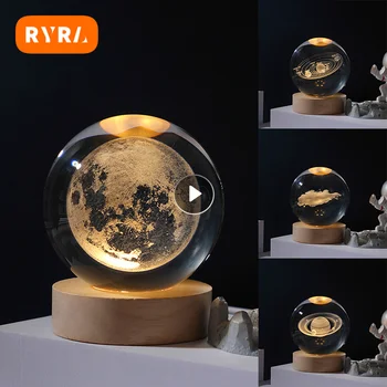 Kūrybos Krištolo rutulį Kristalų Planetos Pasaulyje 3D Lazeriu Graviruotas Saulės Sistemos Kamuolys su sensoriniu Jungikliu, LED Šviesos pagrindas Astronomijos Dekoras