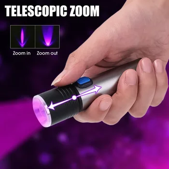 LED UV Žibintuvėlis 395nm Teleskopinis Zoomable USB Įkrovimo Violetinė Šviesa 3-mode Fakelas Augintinio Šlapimo Scorpions Aptikimo Lanterna