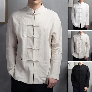 Lengvas, Kvėpuojantis Vyrų Marškinėliai Vyrams, ilgomis Rankovėmis Marškinėliai Tradicinės Kinų Stiliaus vyriški Marškiniai su Mandarinų Apykaklės Rudenį