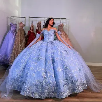 Lorencia Princess Blue Quinceanera Suknelę 2023 Kamuolys Suknelė Nėrinių Aplikacijos Blizgančiais Zawalcowany Lankas Saldus 16 Vestidos De XV Anos YQD390