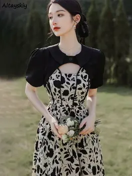 M-4XL Dviejų dalių Rinkiniai Moterims prancūzų Stiliaus Gėlių Vasarą Spageti Dirželis Suknelės Grakštus Apkarpytos Viršutiniai drabužiai Konkurso Mujer Drabužiai