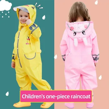 Macacão impermeável da moda qian para crianças, roupa com capuz, 2-9 anos, peça única, casaco de chuva para rondas