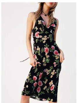 Moteris Giliai V-Kaklo, 100% Šilko Midi Suknelė Peach Blossom Spausdinti Rankovių Nėrinių Diržas Skraiste