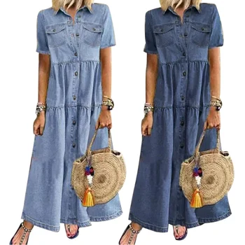 Moterys Vasarą trumpomis Rankovėmis Pasukite Žemyn Apykaklės Džinsinio audinio Suknelė Plius Dydis XL Retro Ilgai Laisvi Kišenės Mygtuką Vintage Džinsai Atsitiktinis Suknelės