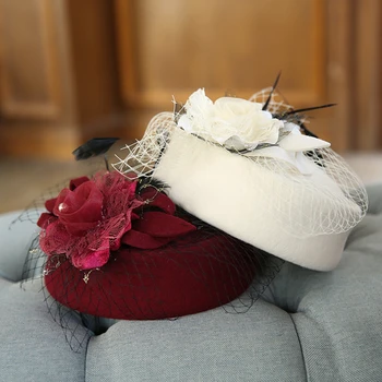Moterų 100% Vilnos kepurė su Šydu, Gėlių Fascinator Veltinio Kepurė, Įžymybės Žiemos galvos Apdangalai Kokteilis arbatėlė Fotografijos Derby Skrybėlę