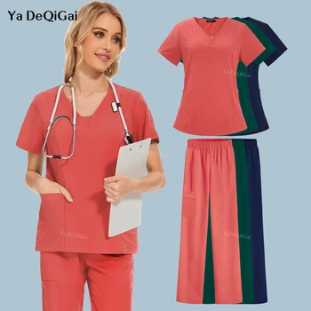 Moterų Krūmynai Nustato Ligoninės Medicinos Uniformas, Elastinga, Gydytojų Drabužiai, Chirurginės Vienodas Kišenės Šveitimas Viršuje Kelnės Slaugos Reikmenys