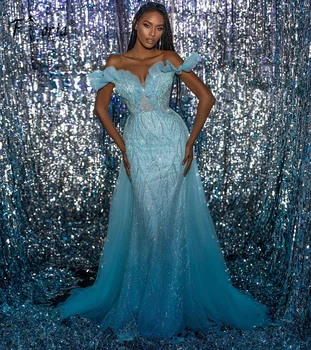 Mėtų Blue Elegantiškas Undinė Vakarinę Suknelę 2023 Blizgančių China Karoliukai Overskirt Oficialią Šalies Prom Dresses Chalatas De Soiree Užsakymą