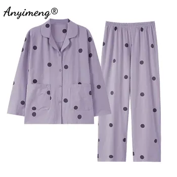 Naujas Autmun Žiemos Pižama Rinkiniai, Violetinė Moterų Homewear Korėjos Cardigan Naktiniai Drabužiai Megztos Medvilnės Sleepwear Prarasti Dydis Pijamas