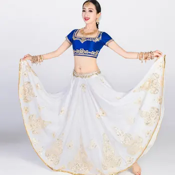 Naujas Indijos Šokių Suknelė Moterims Mėlynos Viršūnės Baltos spalvos Sijonas kalnų krištolas Siuvinėjimo Etape Kostiumai Bollywood Dance Saree Kostiumas DQL6616