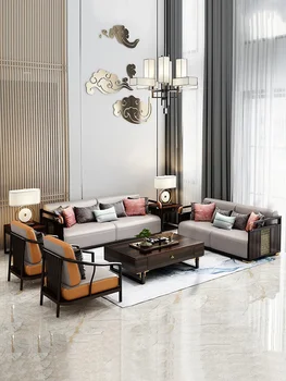 Naujas Kinijos visos kietosios medienos sofa modernios šviesos prabangūs aukštos klasės ebony villa baldų kambarį, odos sofos derinys