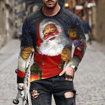 Naujas Mados Šalis Atostogų Kalėdų Senelis Dress Up Spausdinti vyriški Laisvalaikio Long Sleeve T-shirt Harajuku Gatvėje Tėvų Vaikas Didelis Viršų。