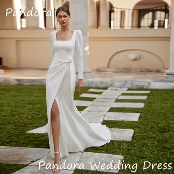 Pandora Satino Undinė Kvadratinių Kaklo, Pynimas Paprasta Dramblio kaulo Nuotakos Suknelės Grindų ilgio Elegantiškas Oficialią Vestuvių Suknelės Moteris 2024