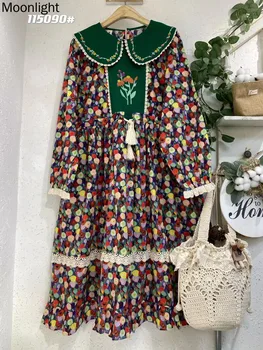 Peter Pan Apykaklės Ilgomis Rankovėmis Suknelės Moterims Japonijos Mori Mergina Gėlių Siuvinėta Suknelė Vintage Elegantiškas Prarasti Moterų Vestidos