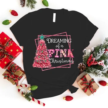 (Premium-T-shirt)Svajoja Apie Pink Kalėdų Print T-Shrits Moterims Vasaros trumpomis Rankovėmis Apvalios Kaklo Mielas Laisvi Marškinėliai topai