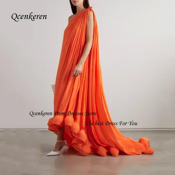 Qcenkern Orange Vieno Peties Rankovės Susiėmę Oficialią Vakaro Suknelė Pusiau oficialų Suknelė-LINE Šifono Šalis, Smėlio spalvos Suknelė Valymo Traukinio