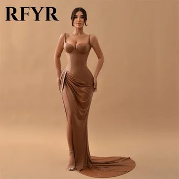 RFYR Spageti dirželis Undinė Chaki Prom Dresses Brangioji Klostuotas Satino Vakaro Suknelės Sexy Šalutinis Aukštos Padalinta Vestidos De Noche