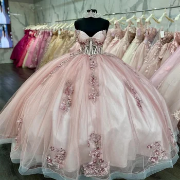 Rožinė Kamuolys Suknelė Quinceanera Suknelę 2024 3D Gėlių Appliques Karoliukai Princesė Tiulio Vestidos De 15 Años Saldus 16 Birthday Party Dress