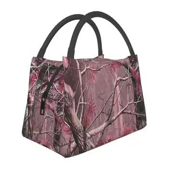 Rožinė Medžioklės Camo Camo Modelio Izoliuoti Pietūs Tote Krepšys Moterims Lapai Miškai Sezono Resuable Aušintuvas Šilumos Bento Dėžutė