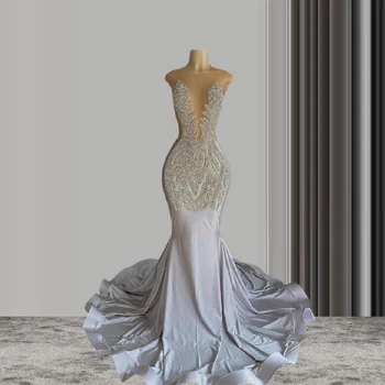 Sidabro Diamond Trimitas Ilgai Vakare Oficialų Suknelė Moterims Blizgančių Kristalų Puošnios Juodos Mergina Vestuvių Svečių Priėmimas Suknelė