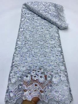 Sunkiųjų sidabro Blizgučiai Nėrinių Audinys Su Blizgančiais Karoliukais Už Nuotakos Suknelė Prabanga vakarinę Suknelę prancūzų Nėriniai 3d 5 metrų