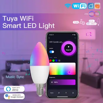 TUYA WiFi Smart Lemputė E14 Žvakės RGB LED Lemputės 100-240V RGB CW Pritemdomi Lempa, Laikmatis Smart Home, Alexa, Google Namų Protingo Gyvenimo