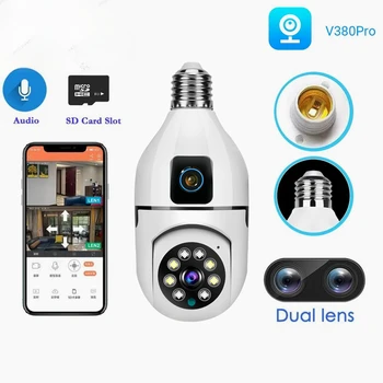 V380 Pro Dual Lens Dvigubas Ekranas E27 Lemputės Kamera Dviem Būdais Garso Spalva Naktinio Matymo Smart Home Security Belaidžio WIFI, Patalpų Kamera