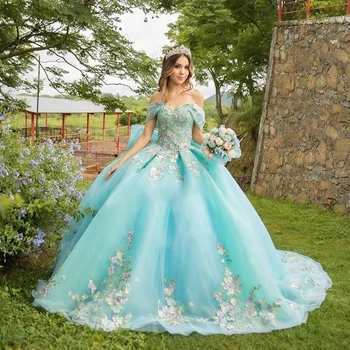 VD Meksikos Quinceanera Suknelės Rankų darbo 3D Gėlių Aplikacijos Gimtadienio Princesė Oficialų Saldus 15 16 Kamuolys Chalatai Vestidos XV Años