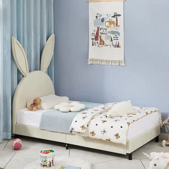 Vaikų viengulė lova rėmas, paminkštinta pagalvėlė, mergina princesė lova su 12 butas atramos, smėlio spalvos vaikiškos lovos