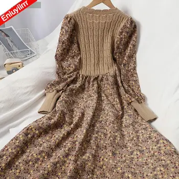 Velvetas Gėlių Moterų Suknelės, Derliaus Megzti Kratinys Vestidos De Mujer 2021 Žiemos Saldus Korėjos Ilgas Megztas Megztinis-Suknelė